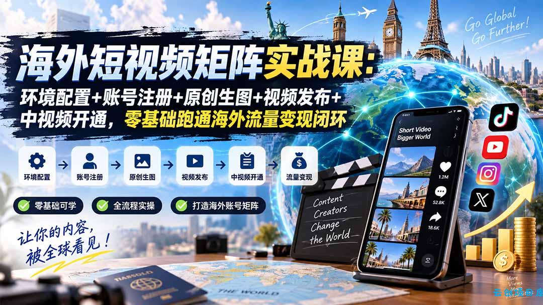 海外短视频矩阵实战课：环境配置+账号注册+原创生图+视频发布+中视频开通，零基础跑通海外流量变现闭环-云创项目库