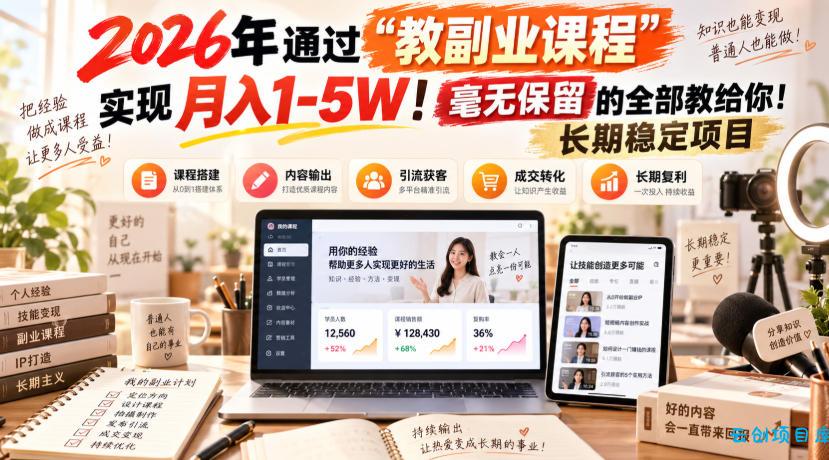 2026年通过“教副业课程”实现月入1-5W！毫无保留的全部教给你！长期稳定项目-云创项目库