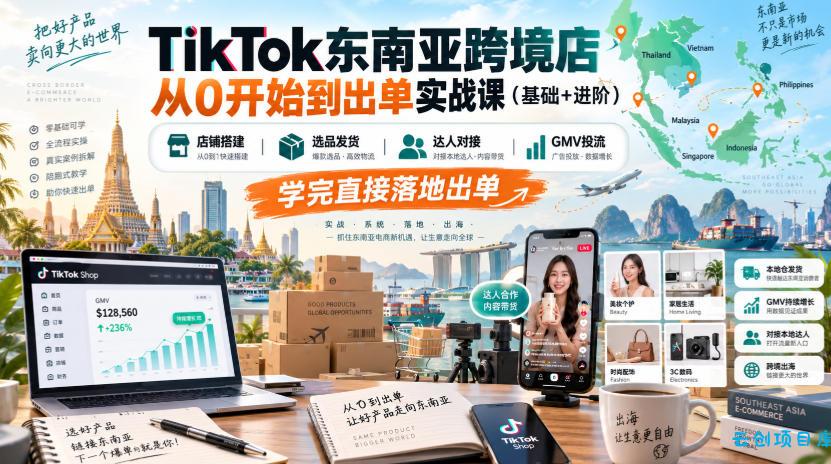 TikTok东南亚跨境店从0开始到出单实战课(基础+进阶)，店铺搭建、选品发货、达人对接、GMV投流，学完直接落地出单-云创项目库