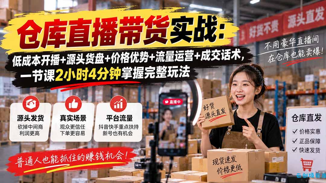 仓库直播带货实战：低成本开播+源头货盘+价格优势+流量运营+成交话术，一节课2小时4分钟掌握完整玩法-云创项目库