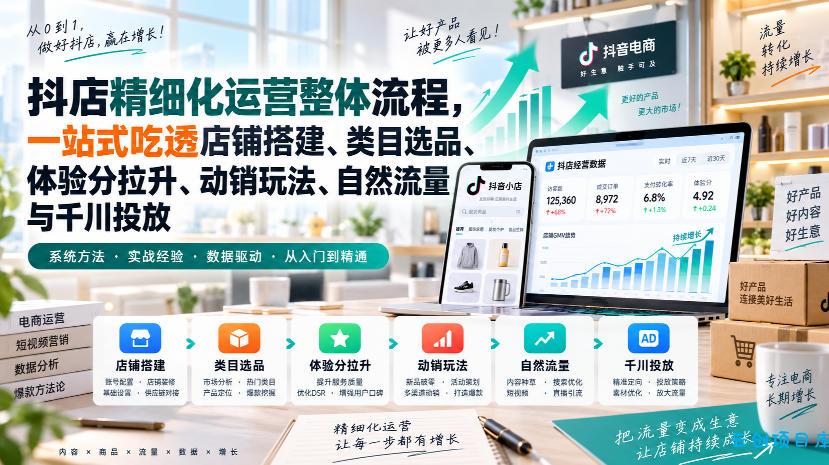 李哥电商-抖店精细化运营整体流程，一站式吃透店铺搭建、类目选品、体验分拉升、动销玩法、自然流量与千川投放-云创项目库