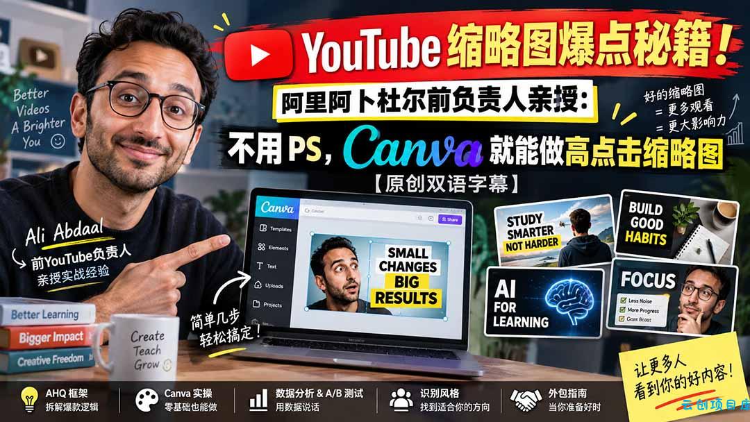 YouTube 缩略图爆点秘籍！阿里阿卜杜尔前负责人亲授：不用 PS，Canva 就能做高点击缩略图【原创双语字幕】-云创项目库