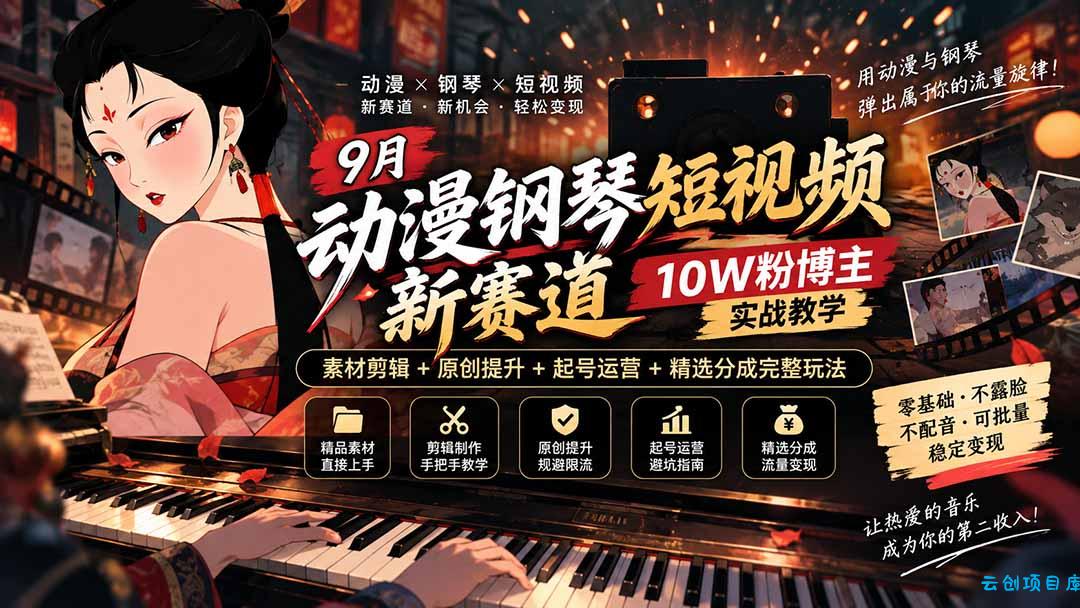 9月动漫钢琴短视频新赛道｜10W粉博主实战教学，素材剪辑+原创提升+起号运营+精选分成完整玩法-云创项目库