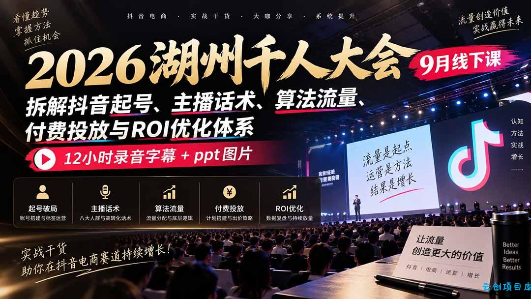 2026湖州千人大会9月线下课：拆解抖音起号、主播话术、算法流量、付费投放与ROI优化体系，12小时录音字幕+ppt图片-云创项目库