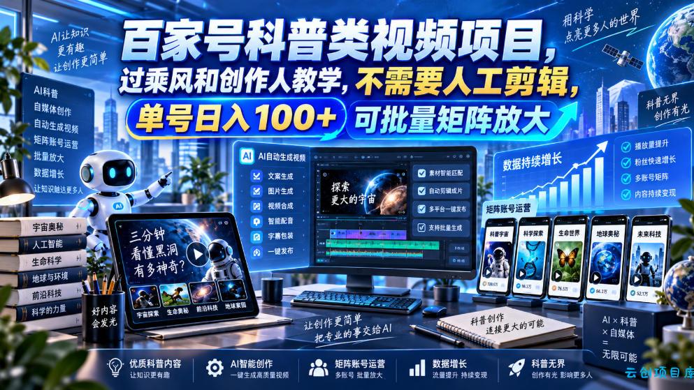 百家号科普类视频项目，过乘风和创作人教学，不需要人工剪辑，单号日入100+可批量矩阵放大-云创项目库