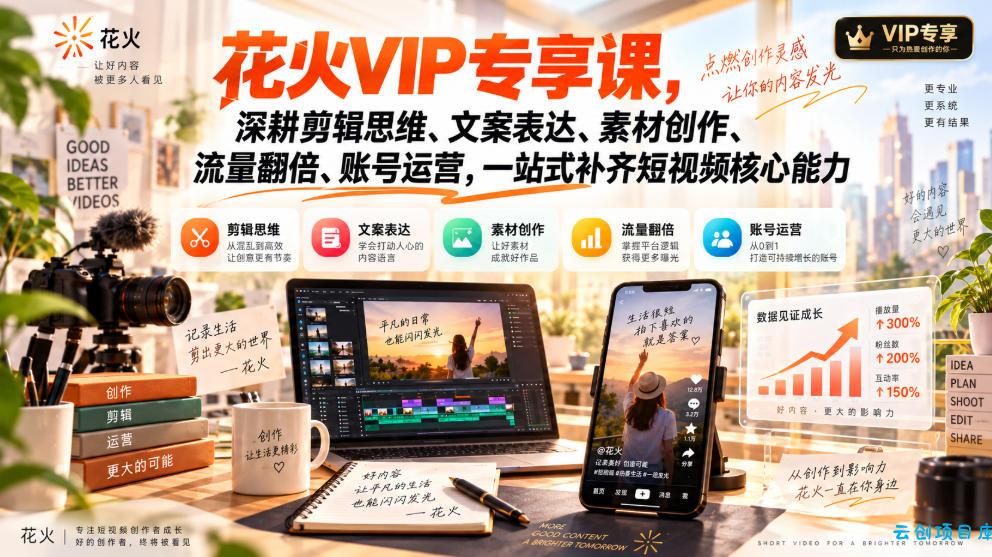 花火VIP专享课，深耕剪辑思维、文案表达、素材创作、流量翻倍、账号运营，一站式补齐短视频核心能力-云创项目库