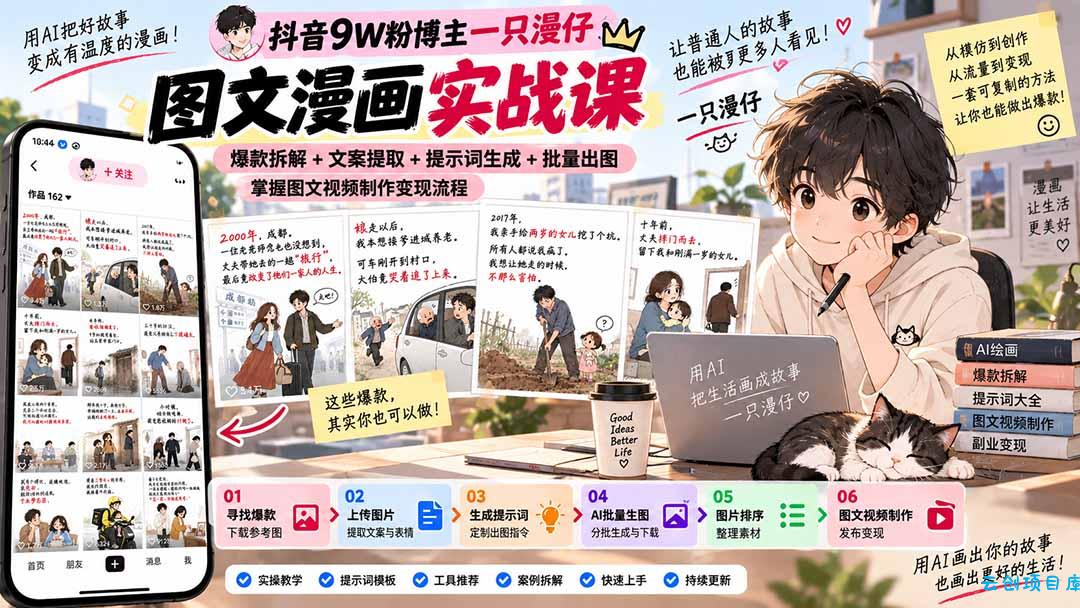 抖音9W粉博主一只漫仔图文漫画课：爆款拆解+文案提取+提示词生成+批量出图，掌握图文视频制作变现流程-云创项目库