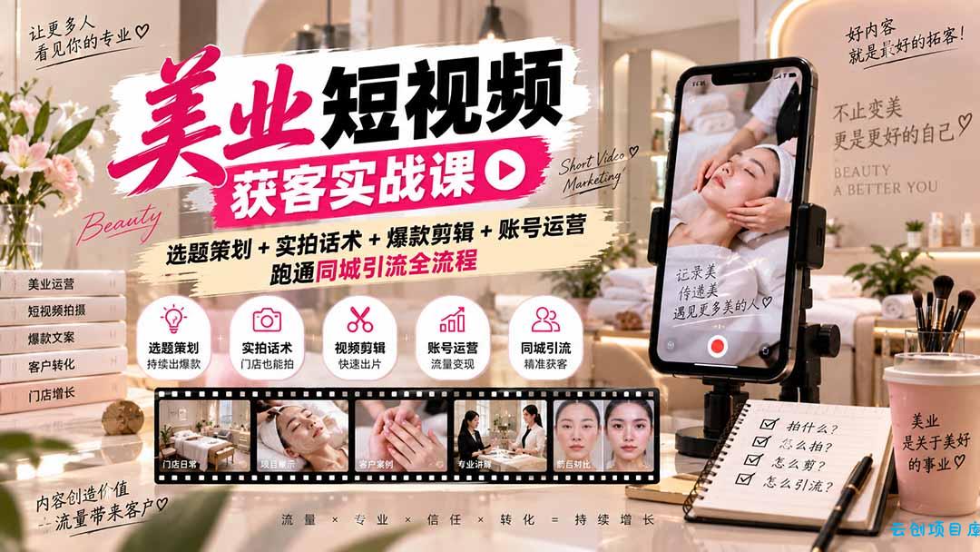 美业短视频获客实战课-无水印：选题策划+实拍话术+爆款剪辑+账号运营，跑通同城引流全流程-云创项目库