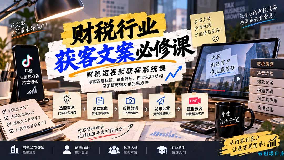 财税短视频获客系统课：掌握选题标题、黄金开场、四大文案结构及拍摄剪辑发布完整方法-云创项目库