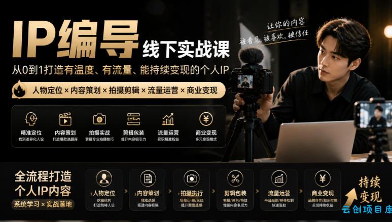 【无水印】IP编导线下实战课，从人物定位到短视频拍摄剪辑，全流程打造有温度、有流量、能持续变现的个人IP内容-云创项目库