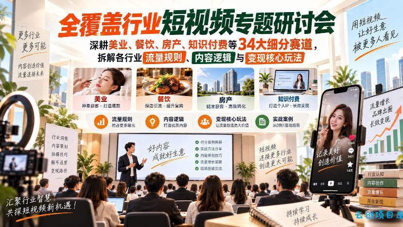 短视频专题研讨会，深耕美业、餐饮、房产、知识付费等34大细分赛道，拆解各行业流量规则、内容逻辑与变现核心玩法-云创项目库
