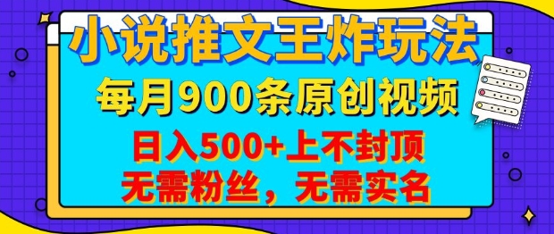 小说推文王炸玩法，一键代发，每月最多领900条原创视频，播放量收益日入5张，无需粉丝，无需实名【揭秘】-云创项目库