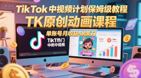 TikTok中视频计划保姆级教程，TK原创动画课程，单账号月收益4k美刀-云创项目库