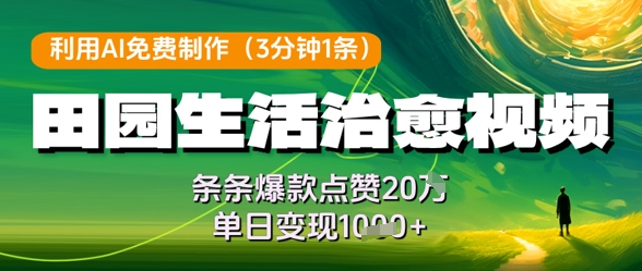 利用AI免费制作田园生活治愈视频，条条爆款点赞20W，单日变现几张-云创项目库