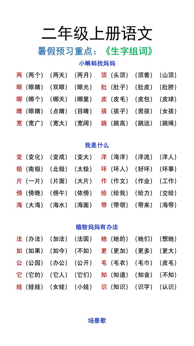 二年级上册语文暑假预习重点《生字组词汇总》-云创项目库