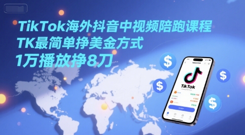 TikTok海外抖音中视频陪跑课程，TK最简单挣美金方式，1万播放挣8刀-云创项目库