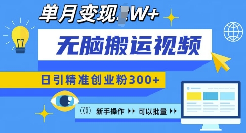 无脑搬运视频号可批量复制，新手即可操作，日引精准创业粉300+，月变现过W 【揭秘】-云创项目库