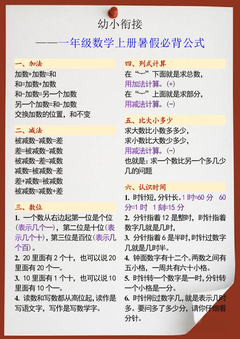 幼小衔接一年级数学上册暑假必背公式-云创项目库