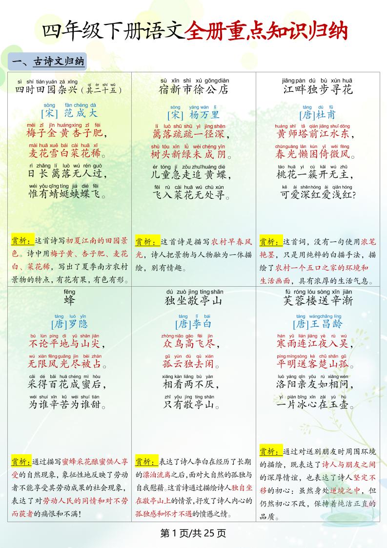 四下语文全册重点知识归纳-云创项目库