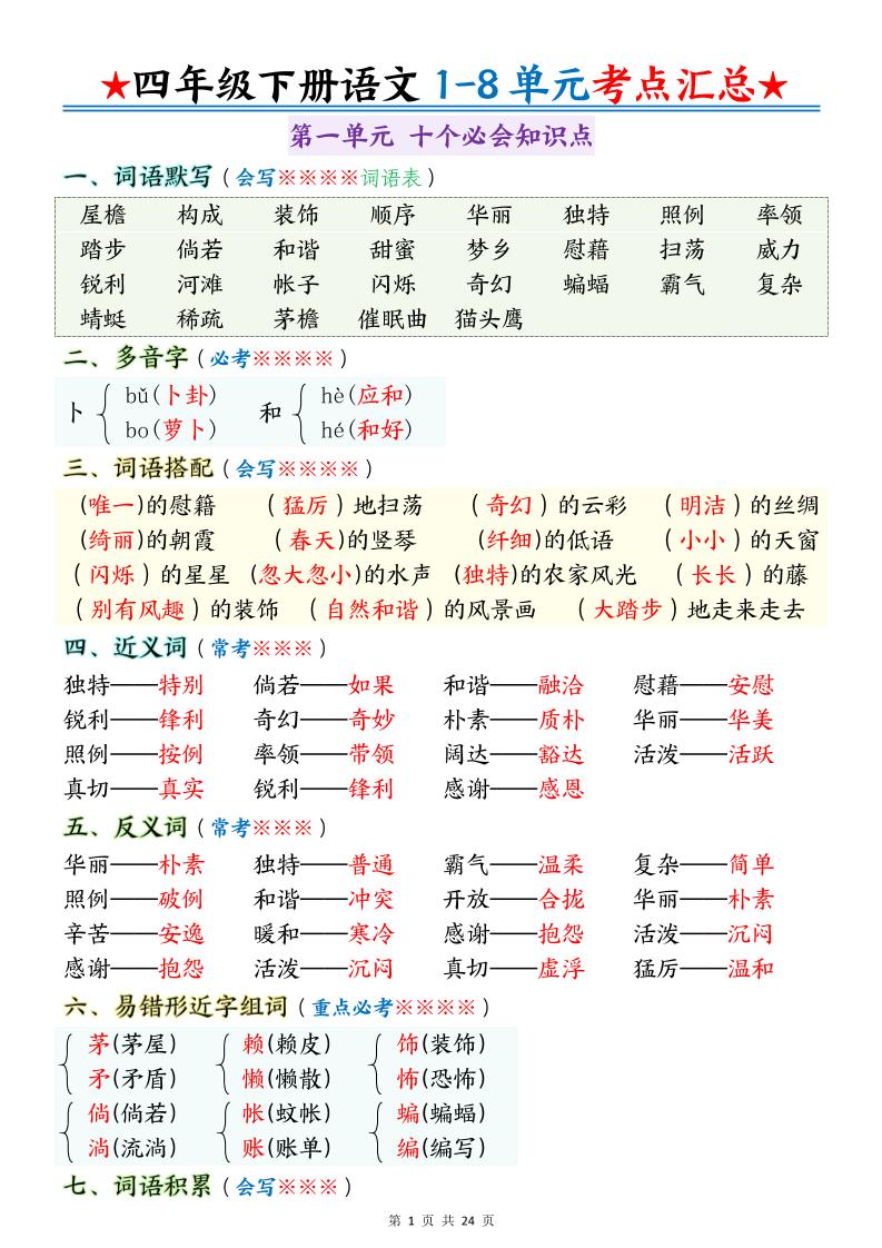 四下语文期末1-8单元十大考点必背-云创项目库