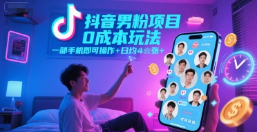 抖音男粉项目0成本玩法，一部手机即可操作，日均4张+，时间自由-云创项目库
