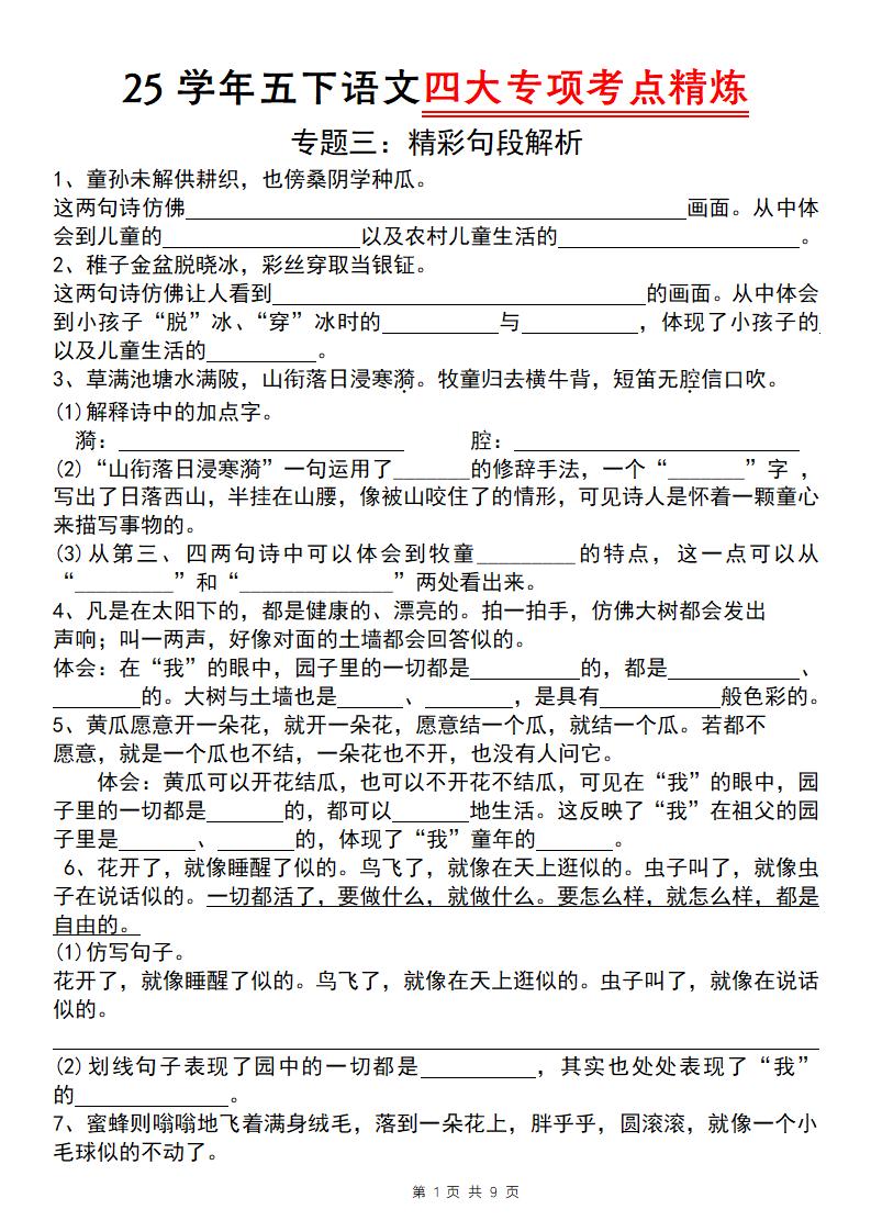 25学年五下语文四大专项考点精炼（专题三：精彩句段解析）-云创项目库