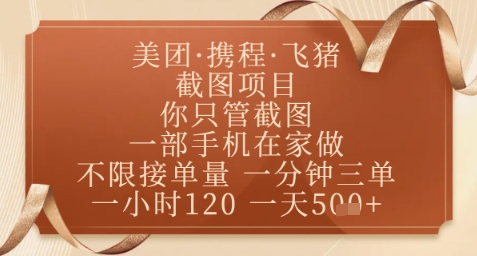 飞猪美团截图项目，你只管截图，一部手机在家做，正规平台无套路，一天5张+【揭秘】-云创项目库