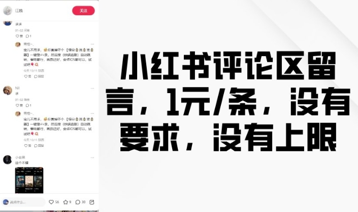 小红书评论区留言，1元条，没有要求，没有上限-云创项目库