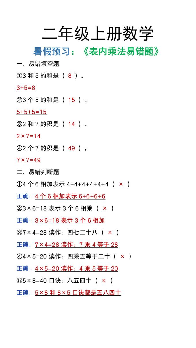 二年级上册数学暑假预习《表内乘法易错题》-云创项目库