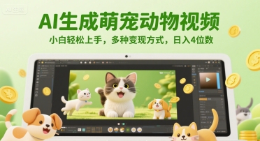AI生成萌宠动物视频，小白轻松上手，多种变现方式，日入4位数-云创项目库