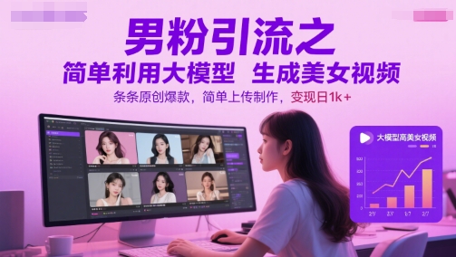 男粉引流之简单利用大模型生成美女视频，条条原创爆款，简单上传制作，变现日1k+-云创项目库