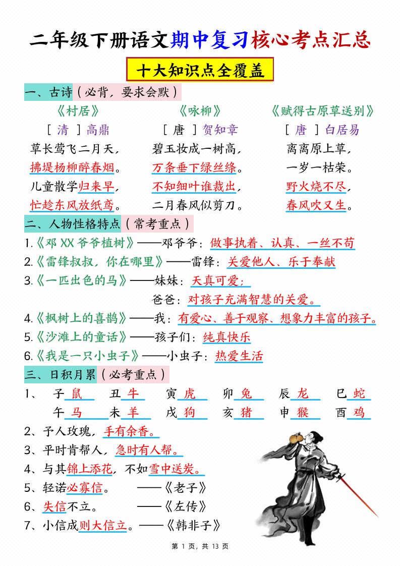 二下语文期中复习核心考点汇总（10大知识点）13页-云创项目库