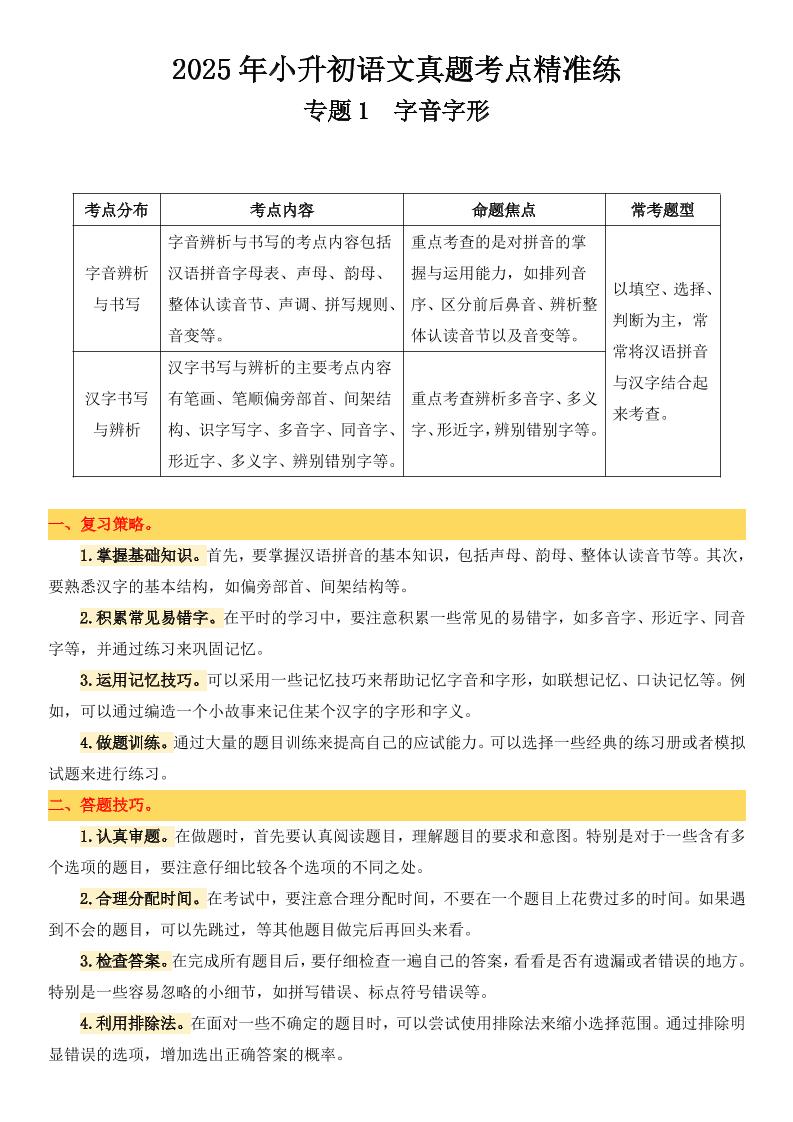 小升初语文备考真题分类汇编专题1字音字形-云创项目库