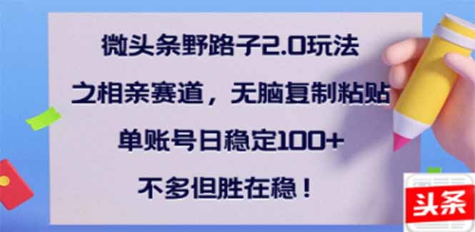 微头条野路子2.0玩法之相亲赛道，无脑搬砖复制粘贴，单账号日稳定300+…-云创项目库