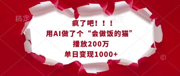 疯了吧！用AI做了个“会做饭的猫”，播放200万，单日变现1k-云创项目库