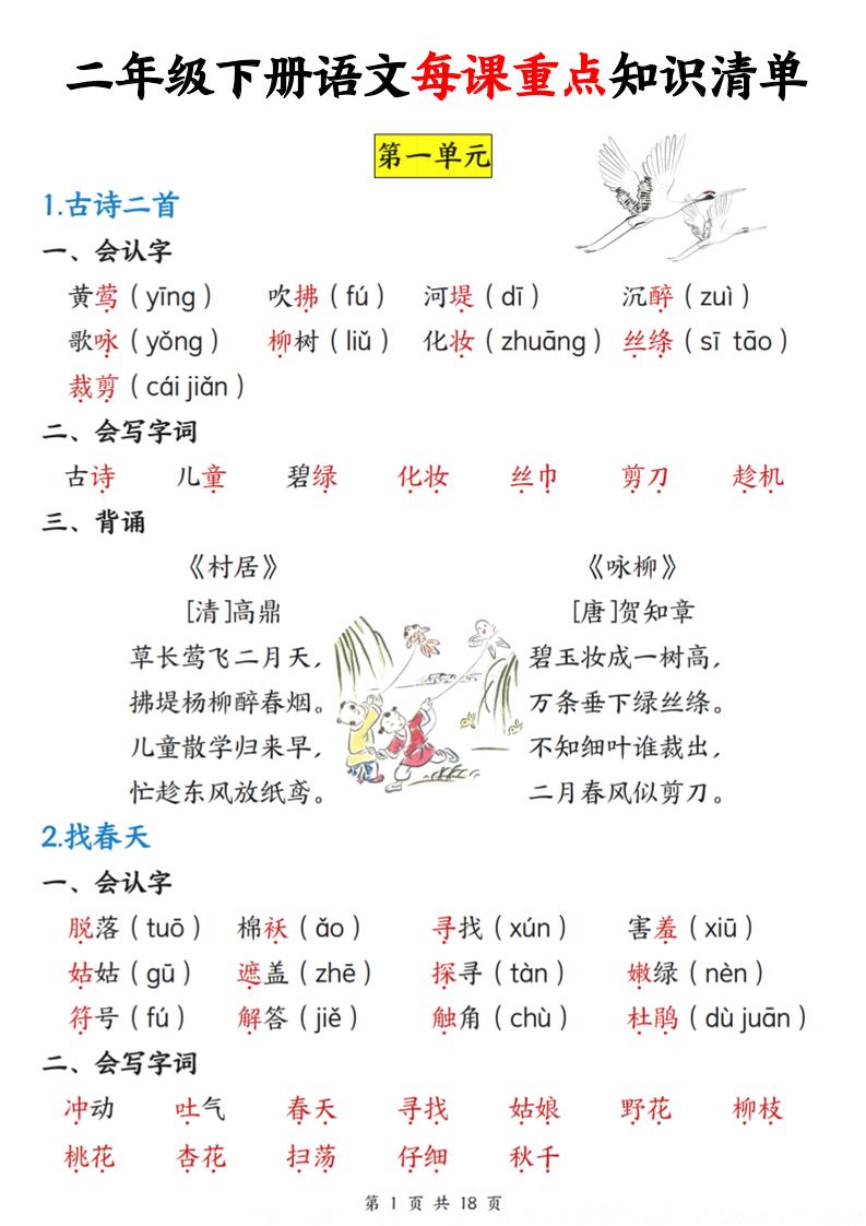 二下语文每课重点知识清单（18页）(4)-云创项目库