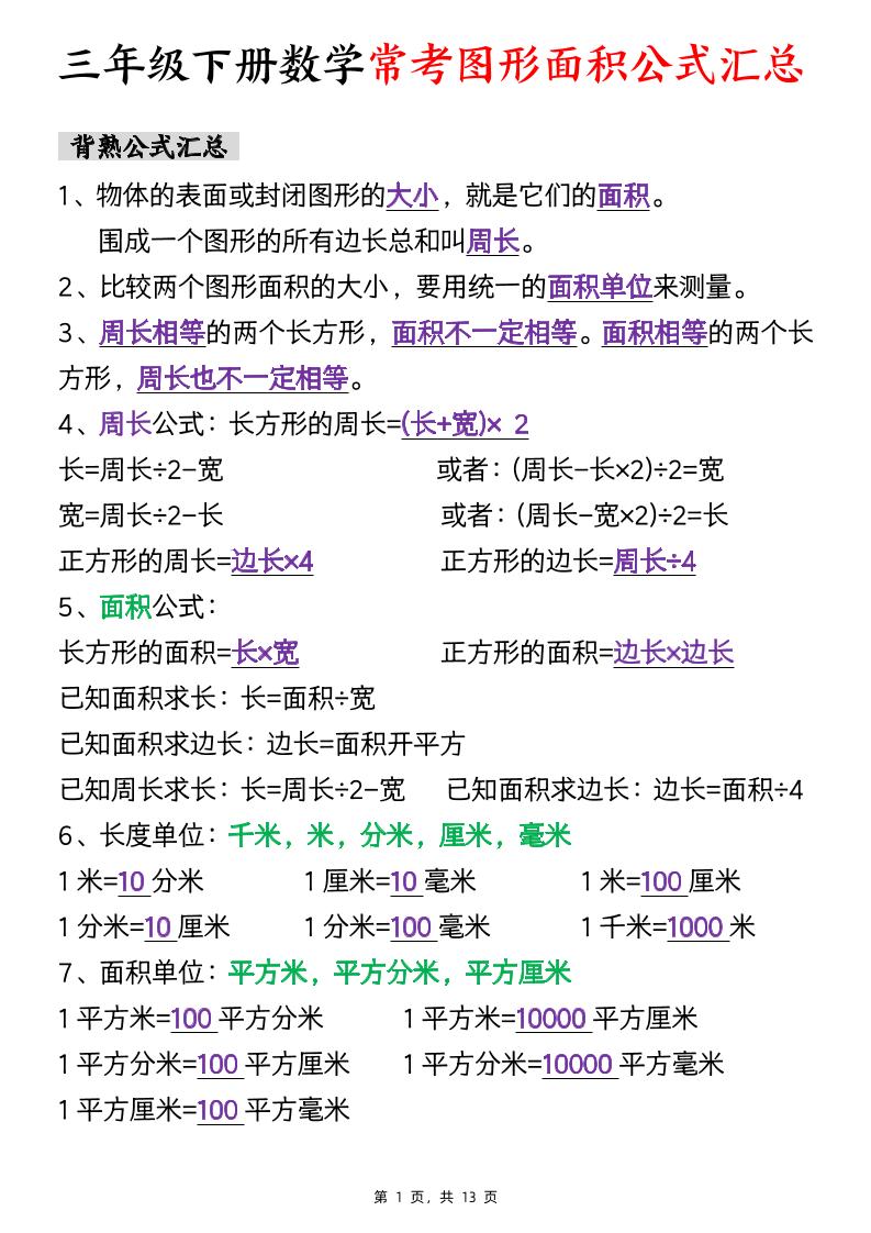 三年级下数学面积公式汇总+面积十大考点专项练习-云创项目库