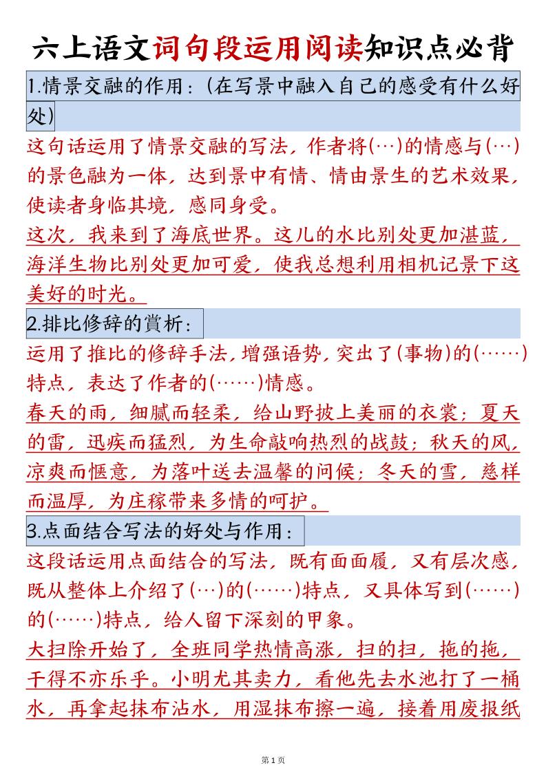 六年级语文上册词句段运用阅读知识点必背-云创项目库