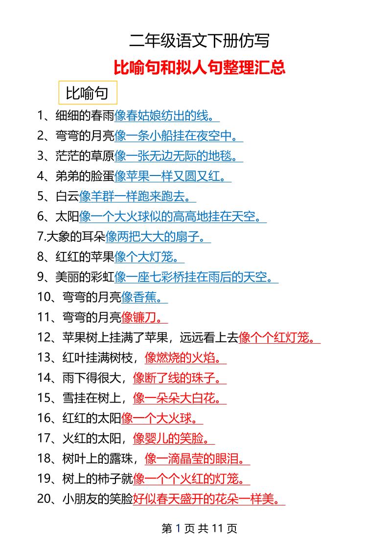 二年级下册语文仿写拟人比喻句整理汇总12页-云创项目库
