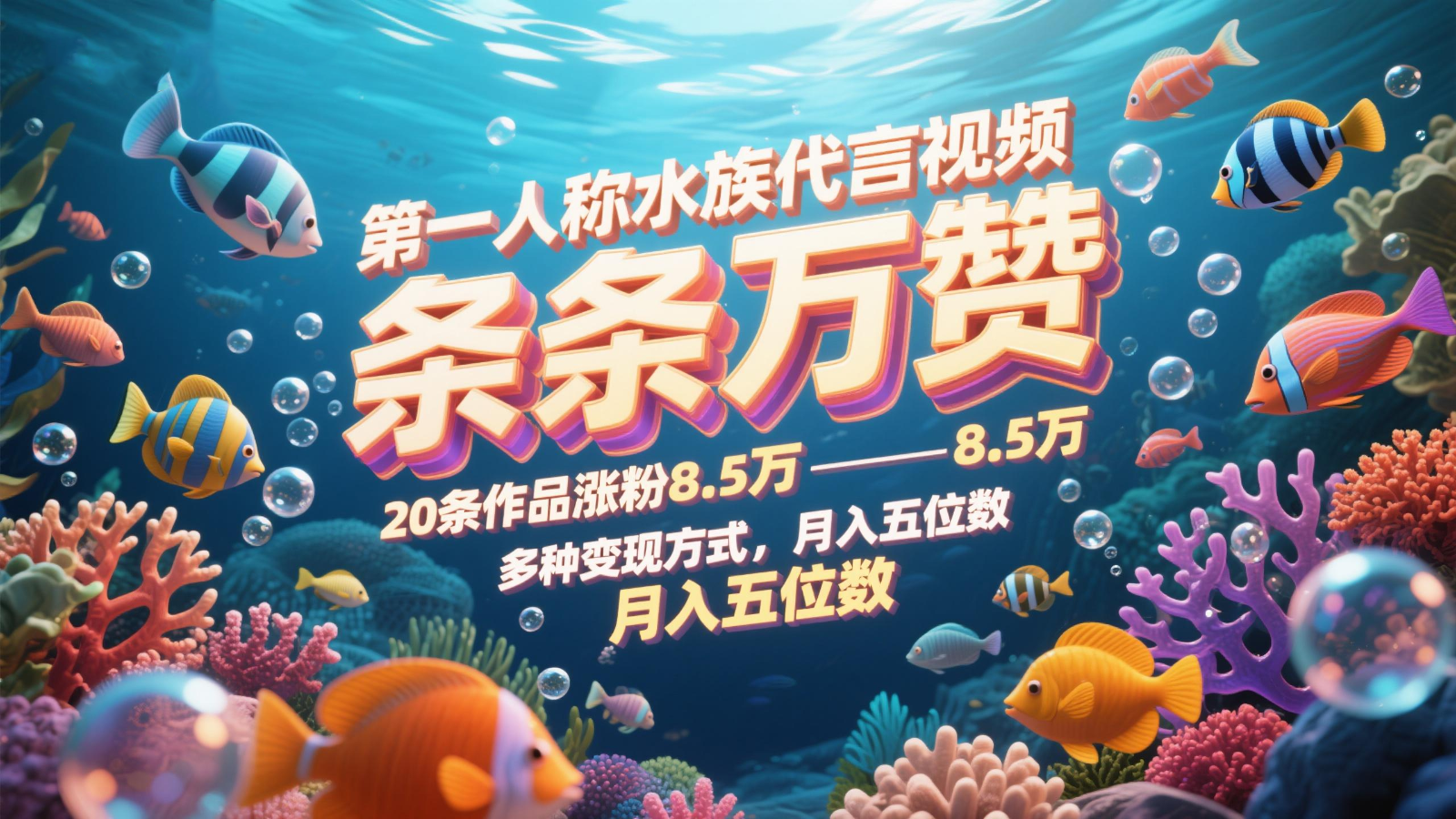 第一人称水族代言视频，条条万赞，20条作品涨粉8.5万，多种变现方式月，入五位数-云创项目库