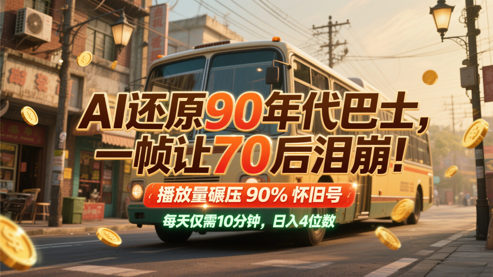 AI还原90年代巴士，一帧让70后泪崩！播放量碾压90%怀旧号，每天10分钟，日入4位数-云创项目库
