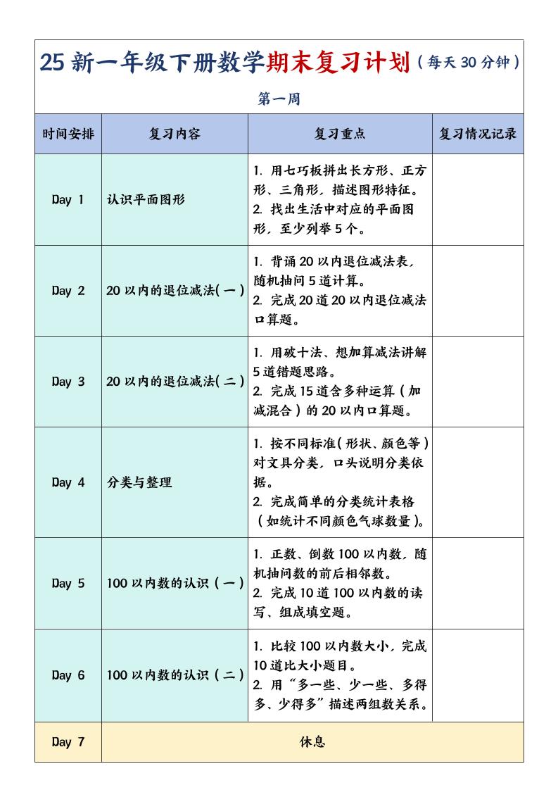 一下数学【期末复习计划】-云创项目库