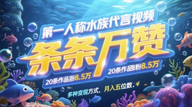 第一人称水族代言视频，条条万赞，20条作品涨粉7.8W，多种变现方式月入五位数-云创项目库